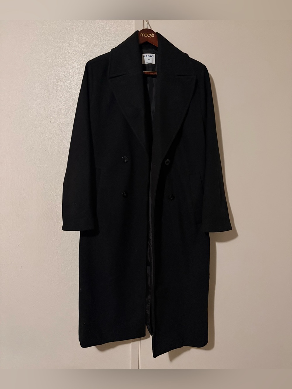 Old Navy Woman’s Large Black Long Button Up Trench Coat W/ Collar & Pockets